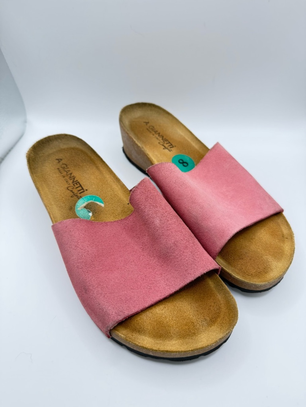 A. Giannetti Rose Pink Suede‎ Slide Wedge Sandals Women’s Size 8 Cork